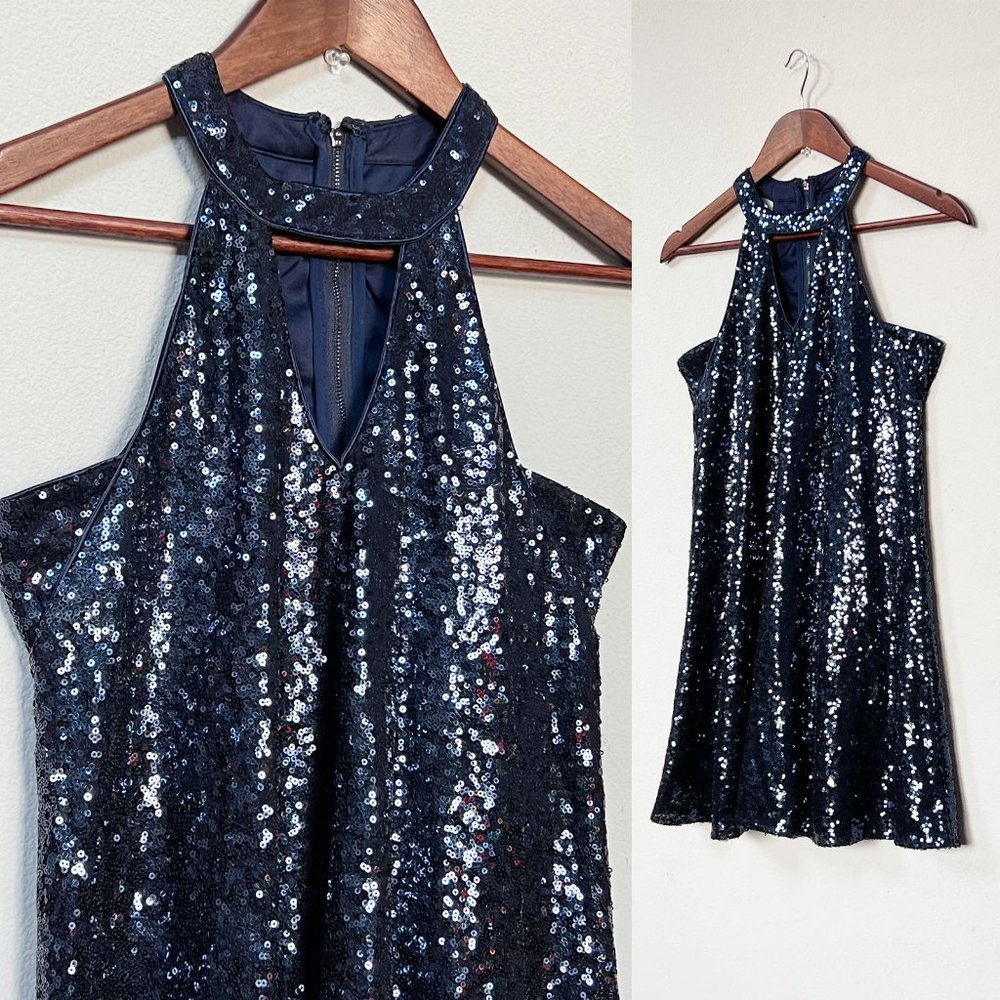 Lulu's Grandeur Navy Blue Sequin Cutout Swing Dress M Sparkly Bling Party $65 - Picture 5 of 16